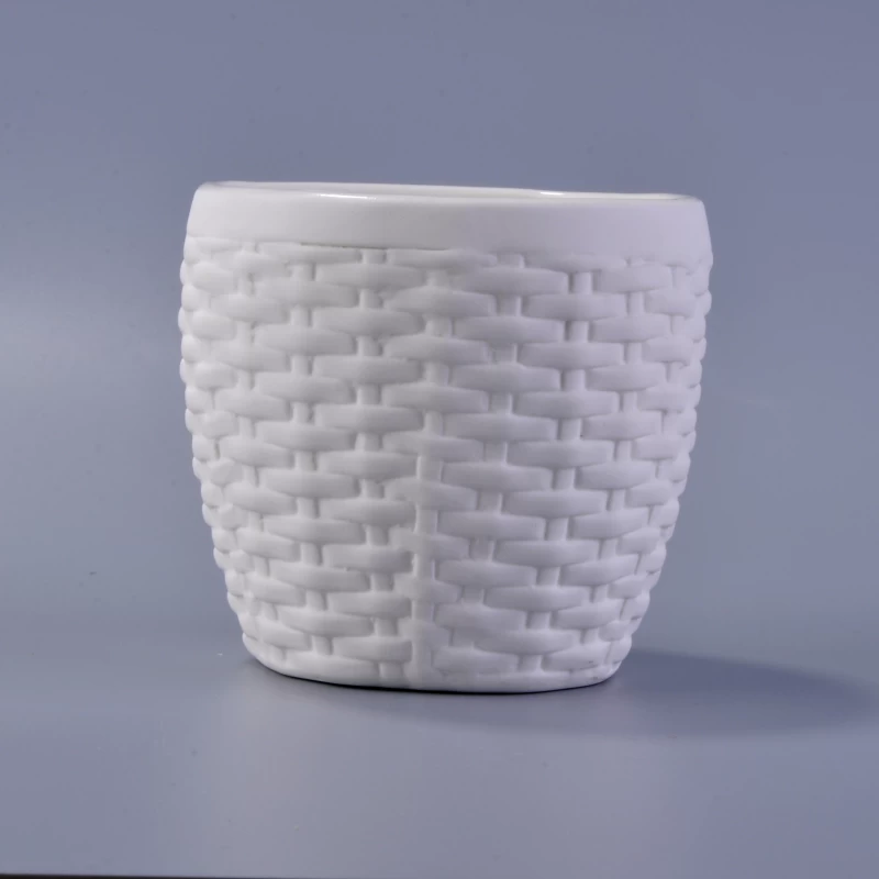 Weave pattern matte white ceramic candle vessels wholesale