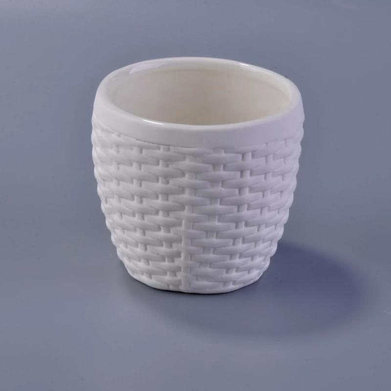  Weave pattern matte white ceramic candle vessels wholesale