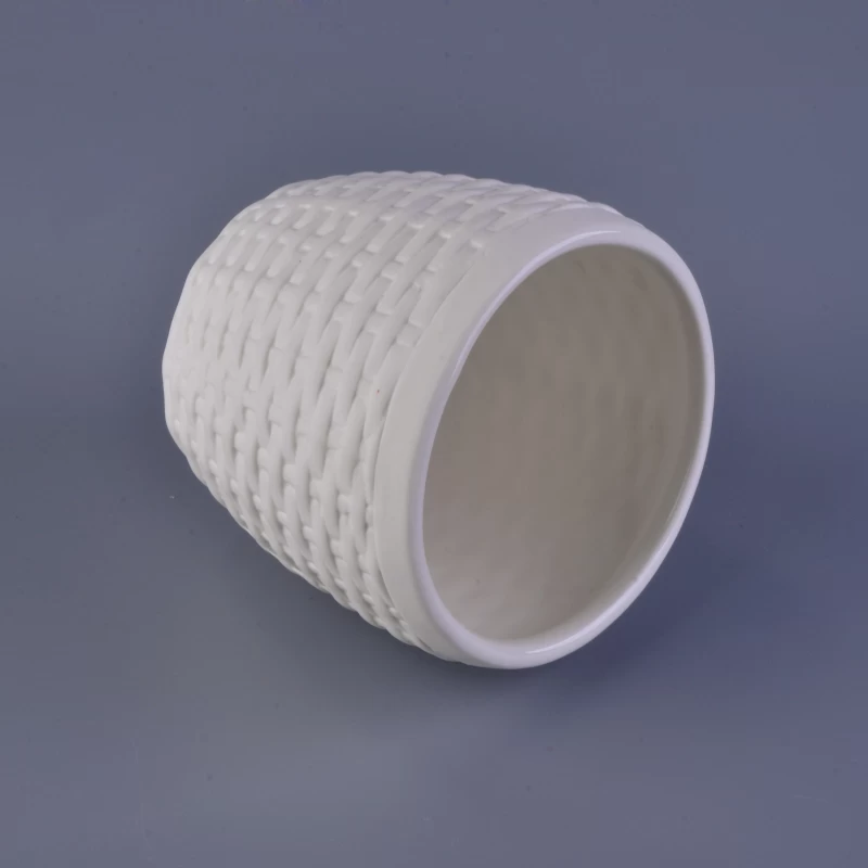 Weave pattern matte white ceramic candle vessels wholesale