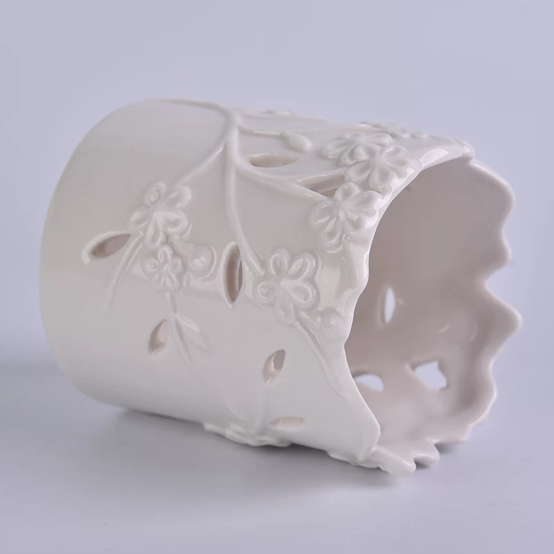 Custom white flower perforated ceramic wedding candle holder