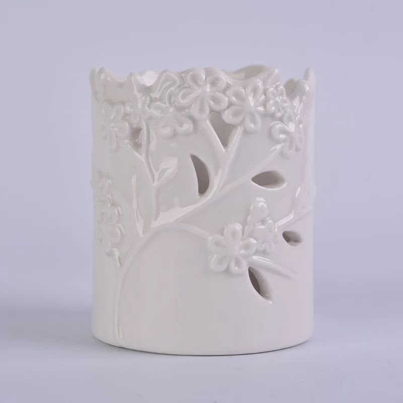 Custom white flower perforated ceramic wedding candle holder