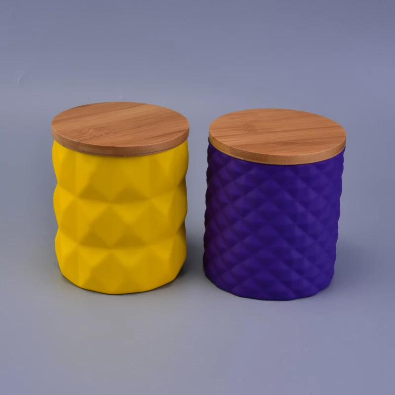 22oz diamond matte finish colored ceramic candle holders with wood lid