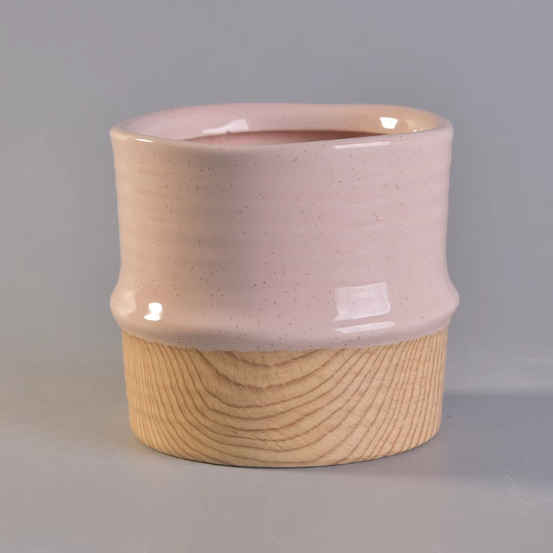 Color glaze ceramic candle holder with wooden bottom wholesales