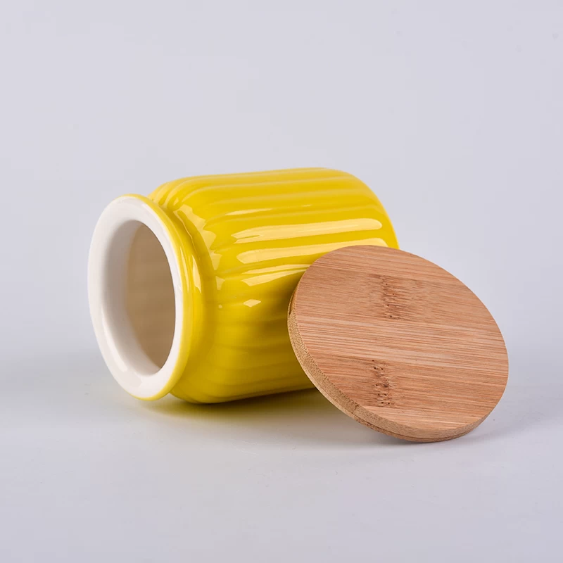 Yellow pumpkin ceramic container with wood lid