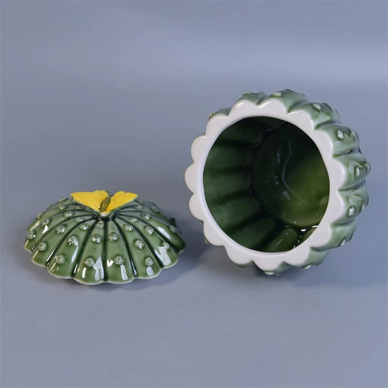 cactus shaped ceramic candles holder with lid green glossy surface