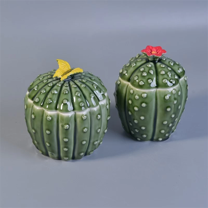 cactus shaped ceramic candles holder with lid green glossy surface