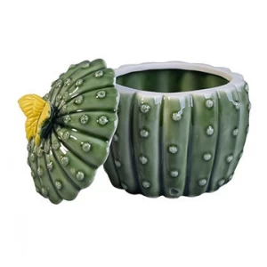 kaktusförmiger Keramikkerzenhalter mit grün glänzender Oberfläche des Deckels