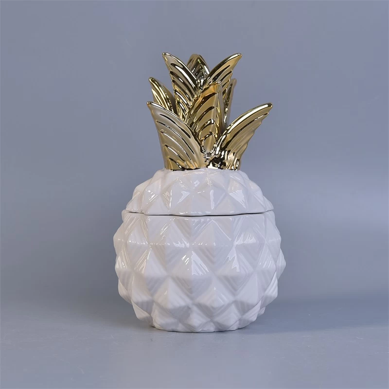 White pineapple ceramic jar with gold lid 12 oz volume