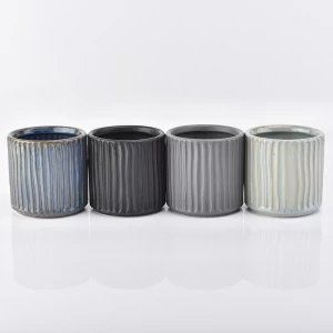 580ml Vertical stripes matte grey ceramic candle holder for decoration