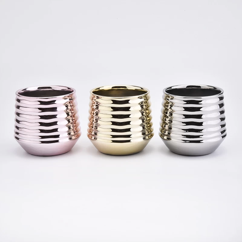 Metallic Silver Stripes Ceramic Candle Jars Home Decoration