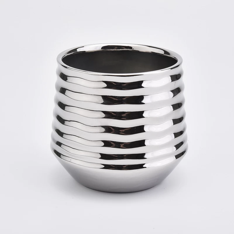 Metallic Silver Stripes Ceramic Candle Jars Home Decoration