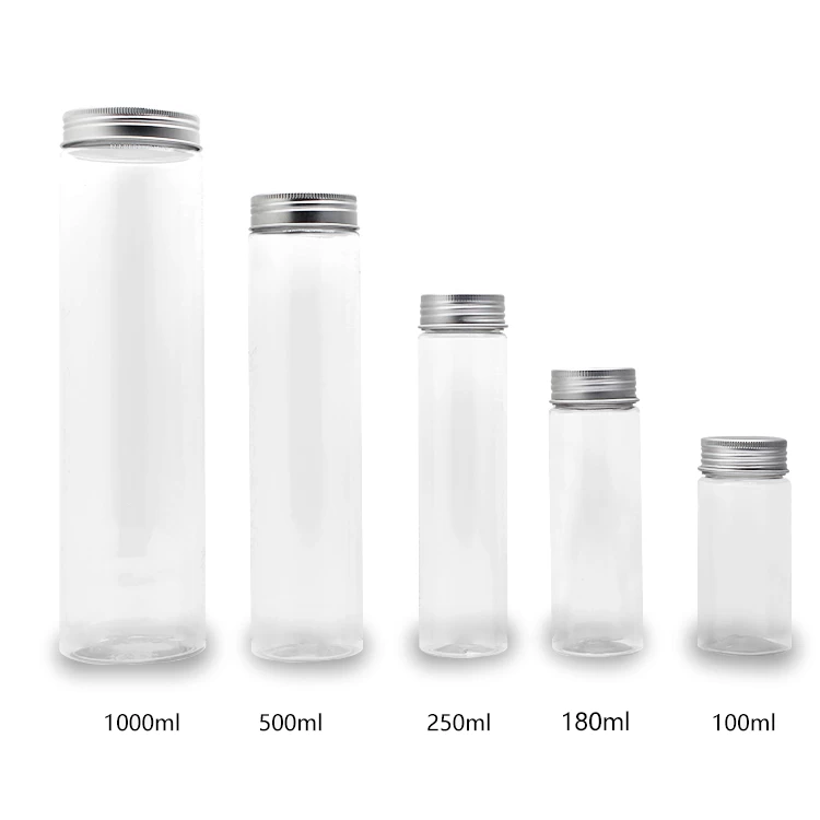 China Doorzichtige brede mond 100 ml 200 ml 250 ml 500 ml 1 liter PET-plastic sapfles fabrikant