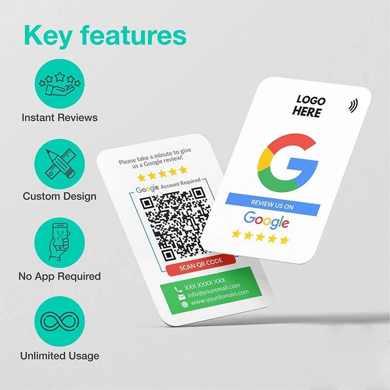 Biglietto da visita in plastica per social media con chip NFC  personalizzato per la recensione di Google