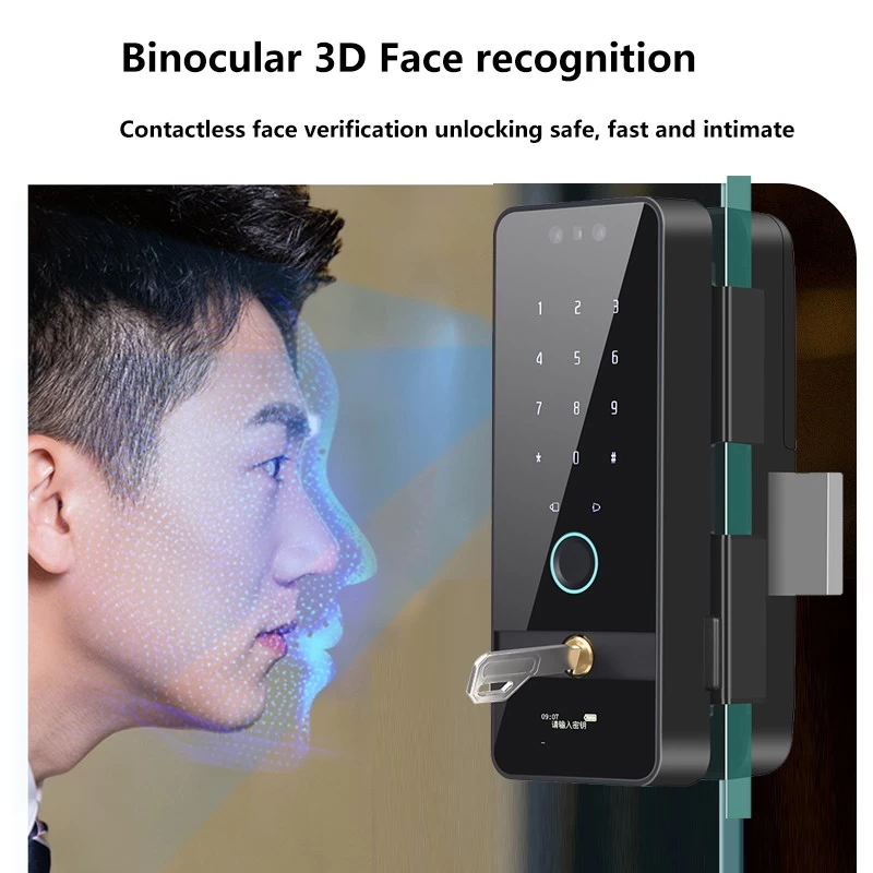 China Intelligent Home Electronic Glass Door Lock Face ID Wifi Tuya App Fingerprint Password Digital Keypad Smart Door Lock manufacturer