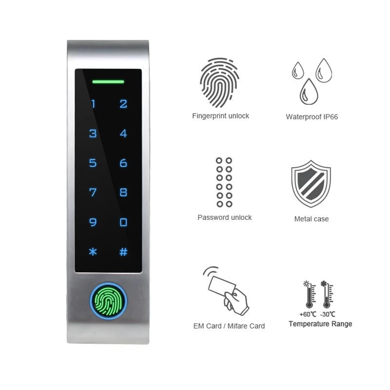 Китай Металлический сенсорный ключ, автономный контроллер доступа с отпечатками пальцев, IP66, водонепроницаемая RFID-клавиатура, контроль доступа, дверной замок без ключа производителя