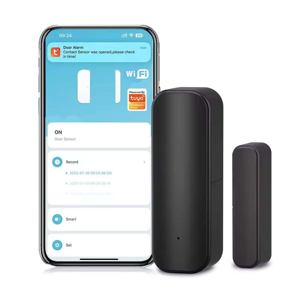 Китай Черный корпус WIFI Tuya Датчик двери Smart Life Окно Магнитный детектор для домашней безопасности производителя