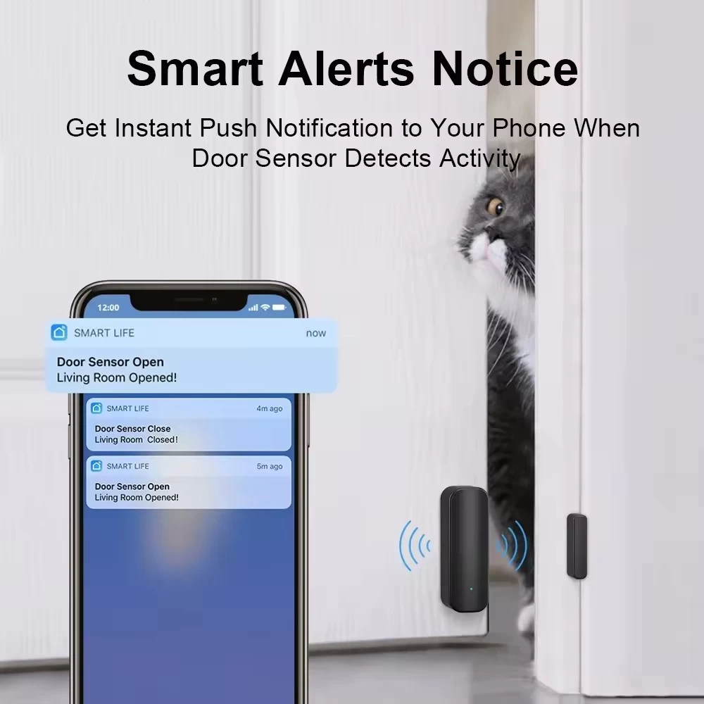 Detector magnético de la ventana elegante de la vida del sensor de la puerta de WIFI Tuya de la caja negra para la seguridad en el hogar