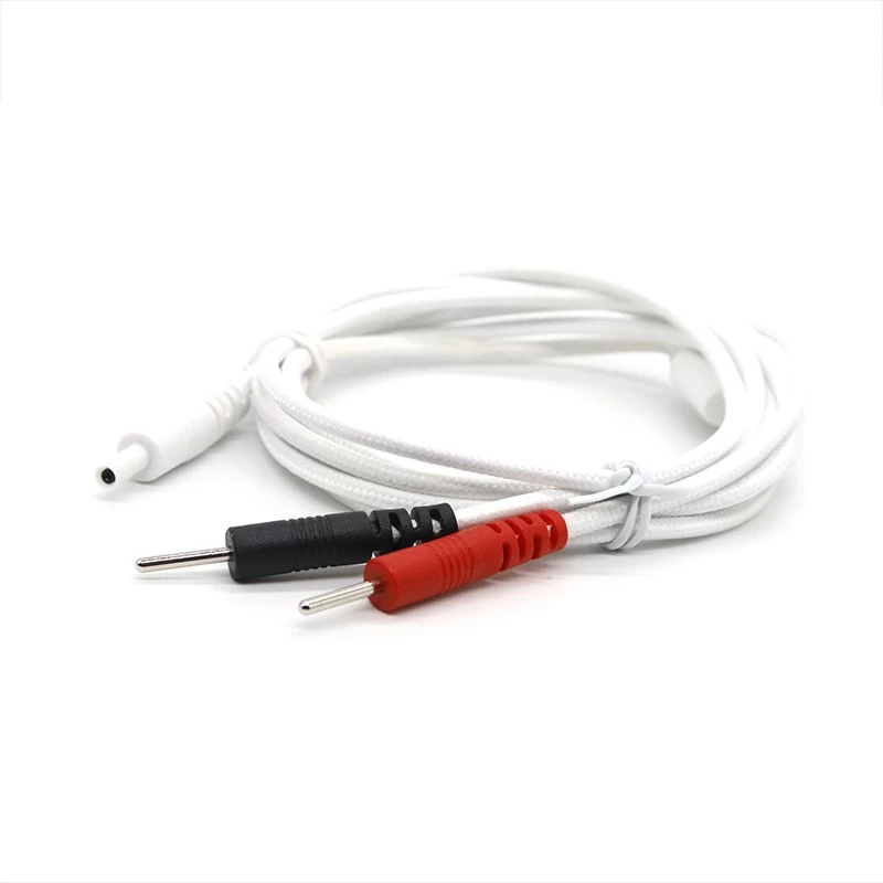 China DC2.35mm safety standard male plug to 2 leads 2.0mm electrode pin braided cable | TENS EMS Lead Wire Manufacturer manufacturer