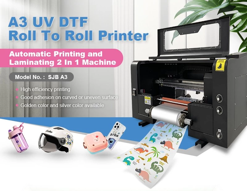 Impresora de pegatinas UV DTF 2 en 1 A3+ XP600 bobina + tinta + barniz +  liquido uv