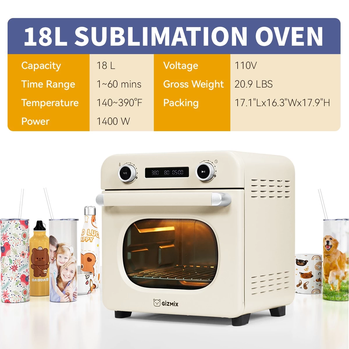 GIZMIX 18L Sublimation Forno - Pressa di calore multi -superficie per tazze, bicchieri e bottiglie