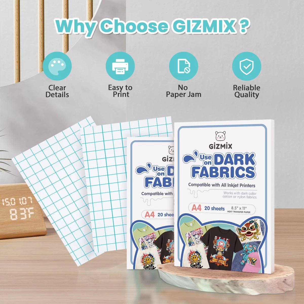 GIZMIX Dark Fabric Heat Transfer Paper 240g for Vibrant, Long-Lasting DIY Designs