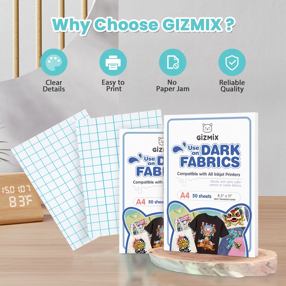 GIZMIX Dark Fabric Heat Transfer Paper 240g for Vibrant, Long-Lasting DIY Designs