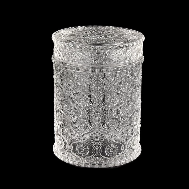 Embossed Glass Candle Jar with Glass Lids Wholesale
