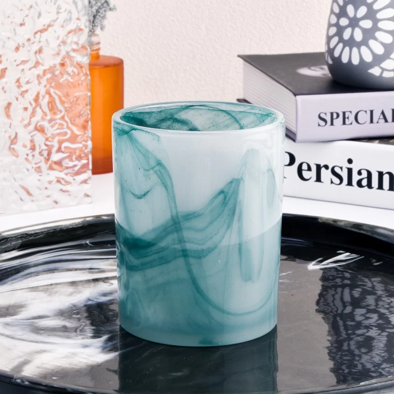Hot sale 10oz green marble effect glass candle vessel for home decor