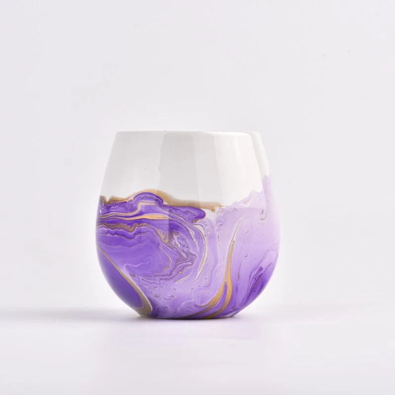 Popular 15oz purple ceramic candle vessels marble jars supplier
