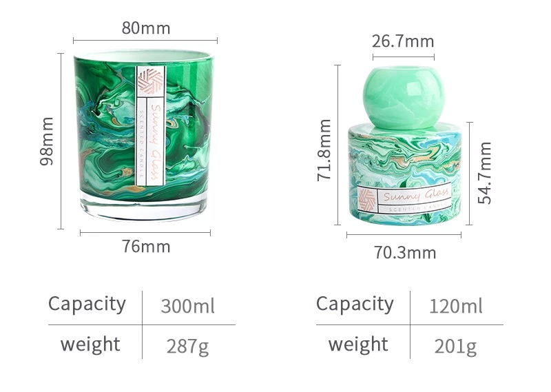 High quality marbled green glass candle jar and reed diffuser bottle suit for home decor