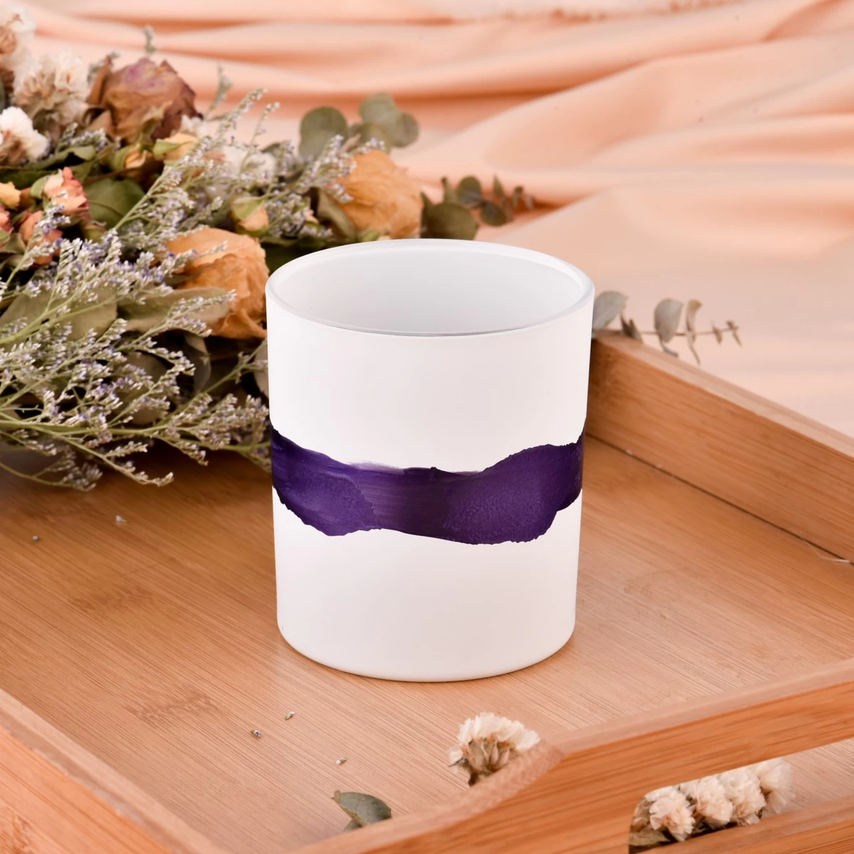 Wholesale popular custom matte white hand painted purple glass candle jars