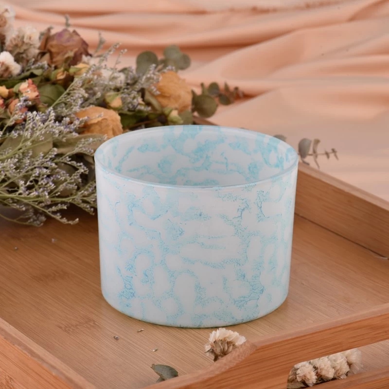 Wholesale blue wide mouth glass candle holder rock effect