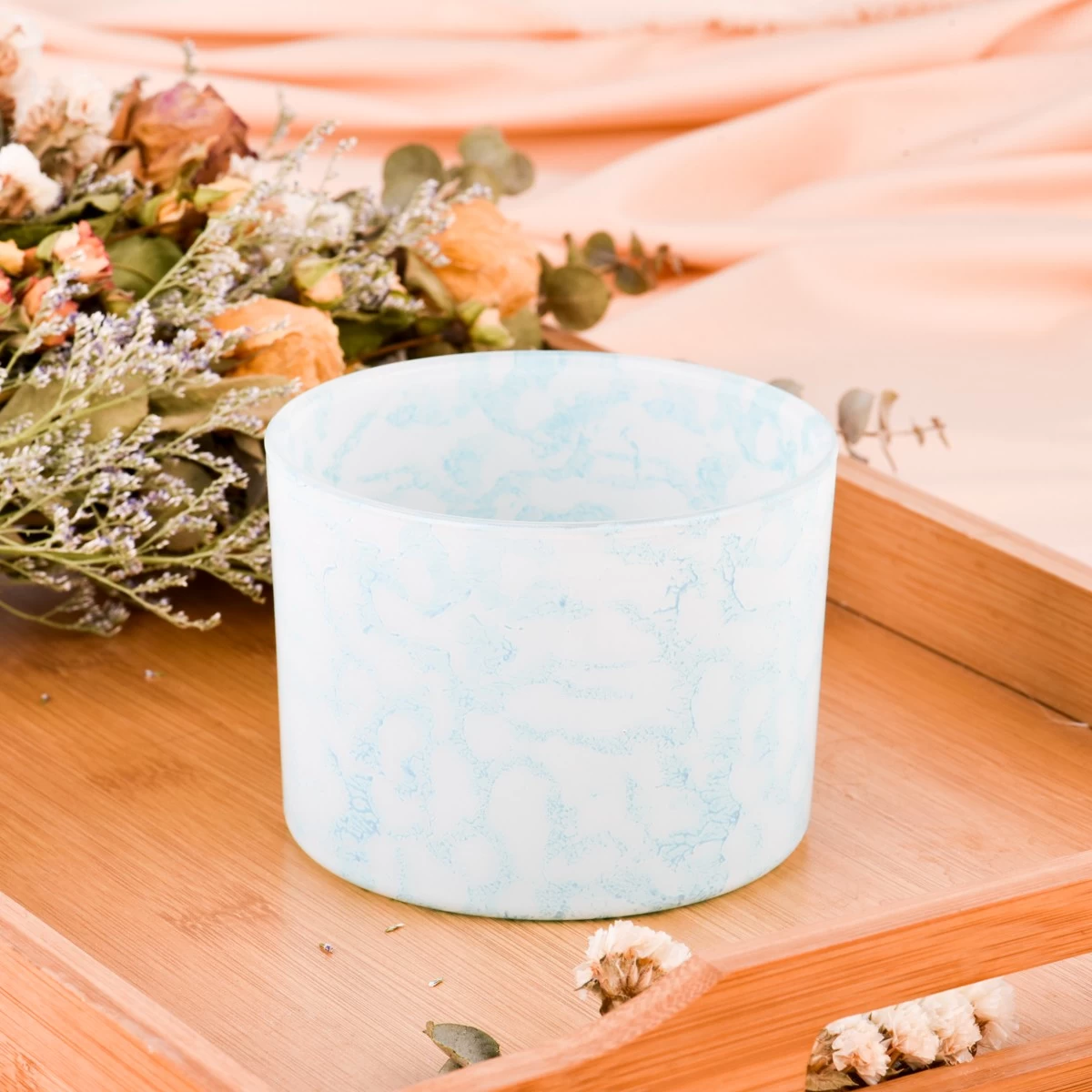 Wholesale blue wide mouth glass candle holder rock effect