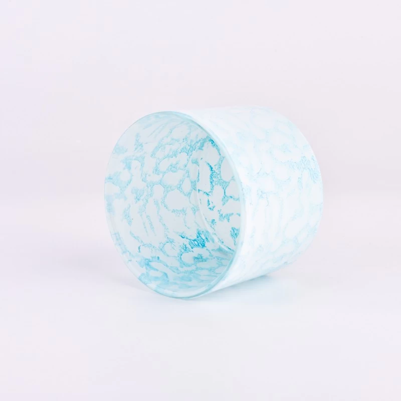 Wholesale blue wide mouth glass candle holder rock effect