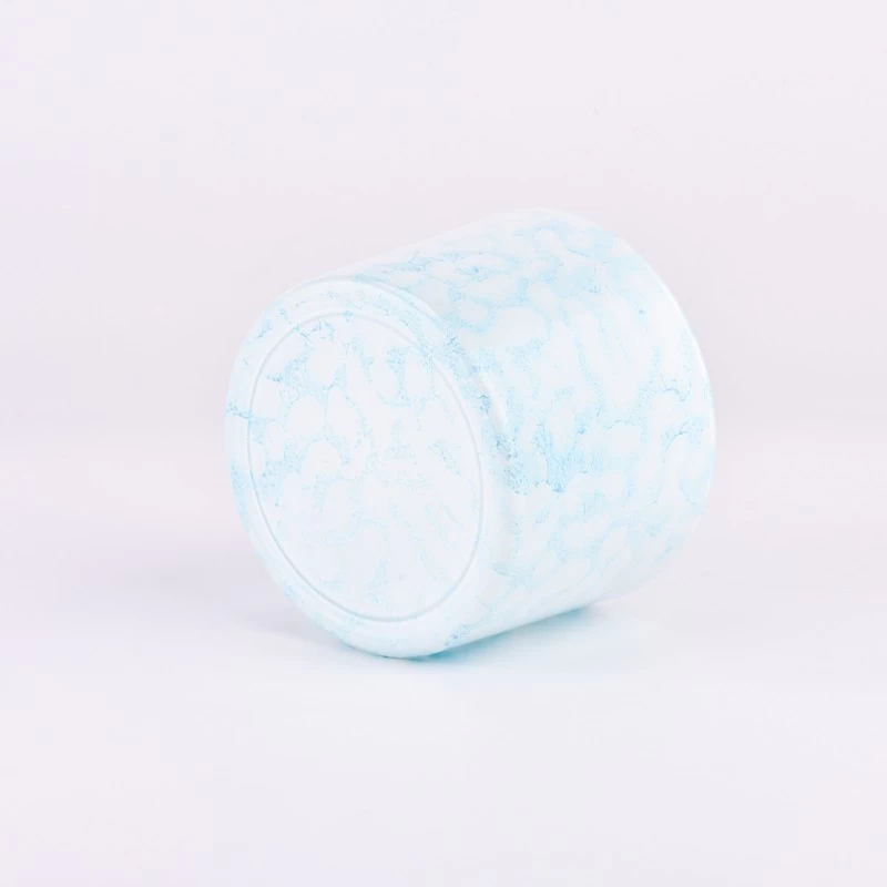 Wholesale blue wide mouth glass candle holder rock effect