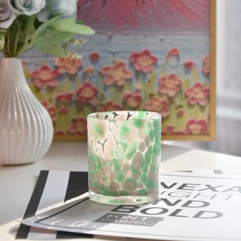 Luxury green white speckled glass candle holder for home decoration