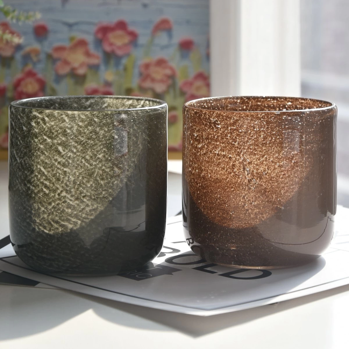 Luxury custom brown fine glitter glass candle jars for candle making