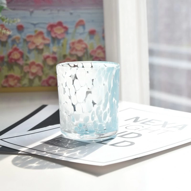 Wholesale blue and white spotted glass candle jars for home decoration