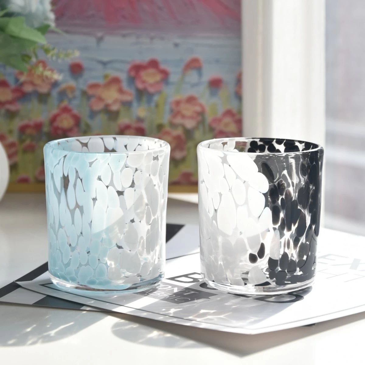 Wholesale custom made black and white spotted glass candle jars