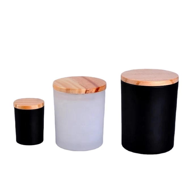 Wholesale 60z Matte black glass candle jar with wooden lid