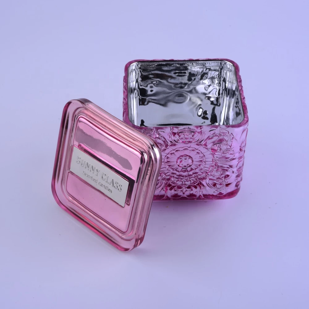 Custom pink square electroplated scented glass candle holder with lid