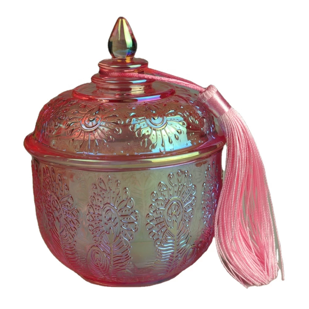 8oz 10oz Sunny pink decorative luxury glass candle vessel with lid