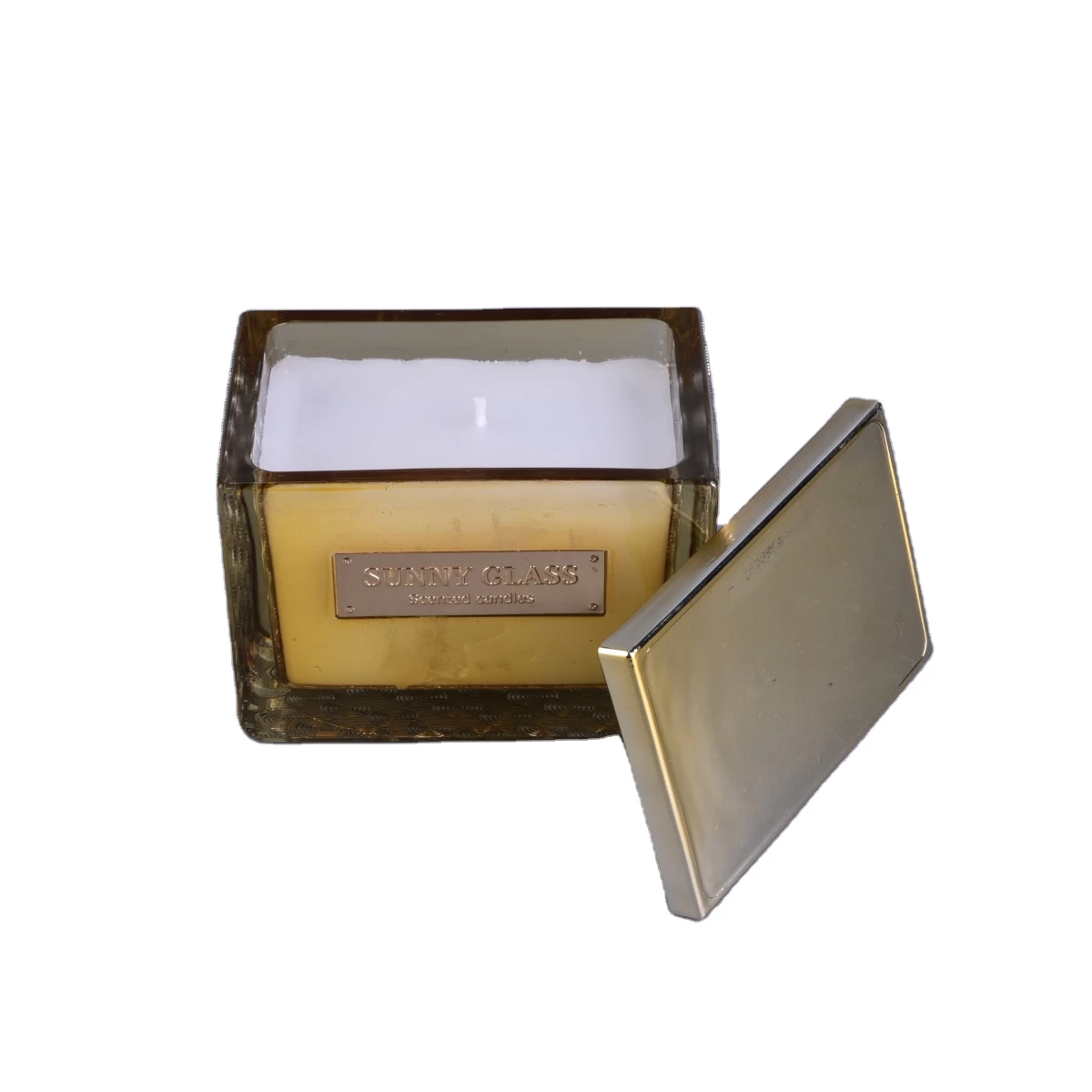 Sunny design golden luxury square glass candle holder and lid