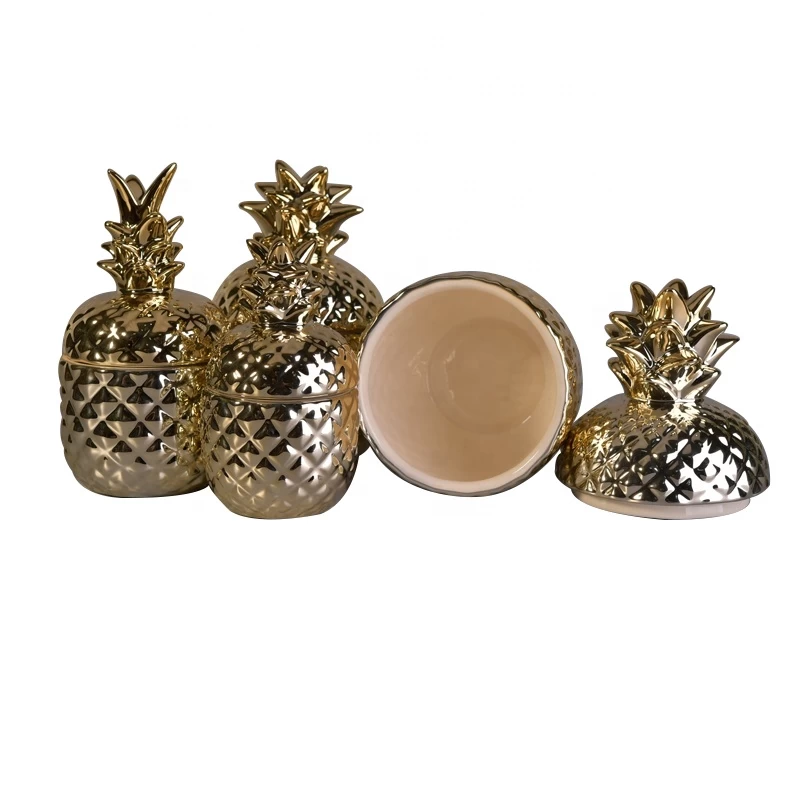 Pineapple shape ceramic candle jar decorative with gold lid wholesales