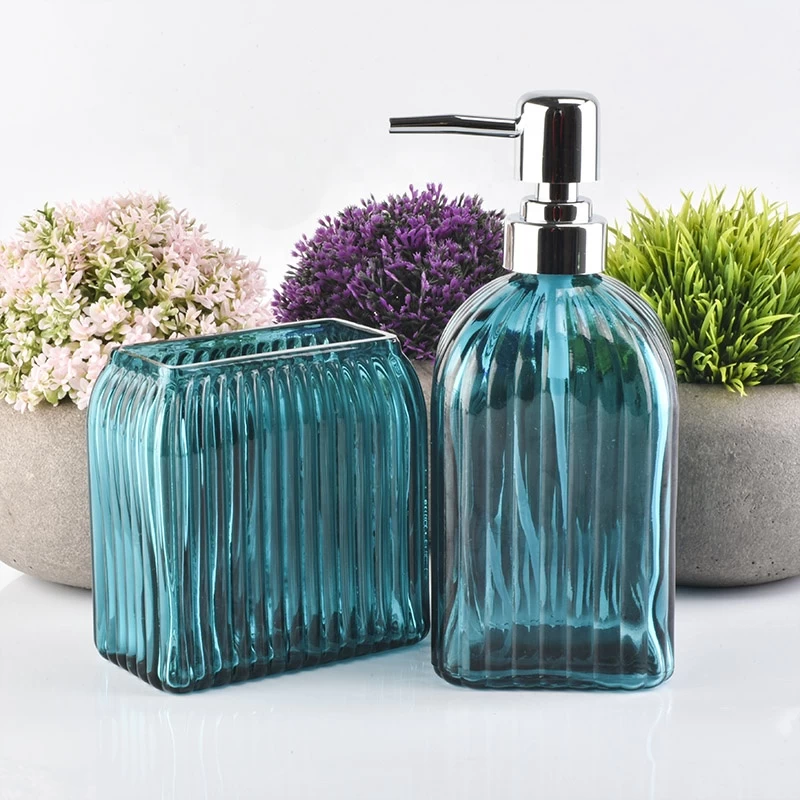 2pc Luxury striped blue glass bathroom shower accessory sets hotel wholesales