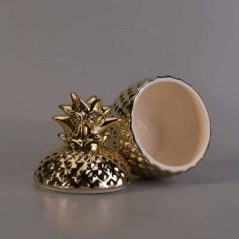 Pineapple shape ceramic candle jar decorative with gold lid wholesales