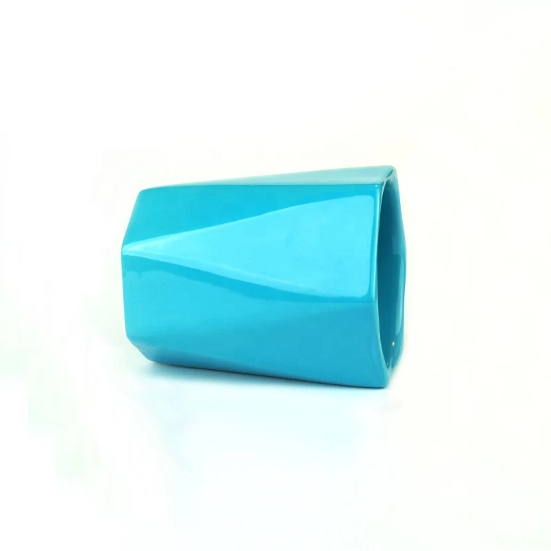 Geometric Blue Glazed Candle Holder Ceramic Candle container Jar