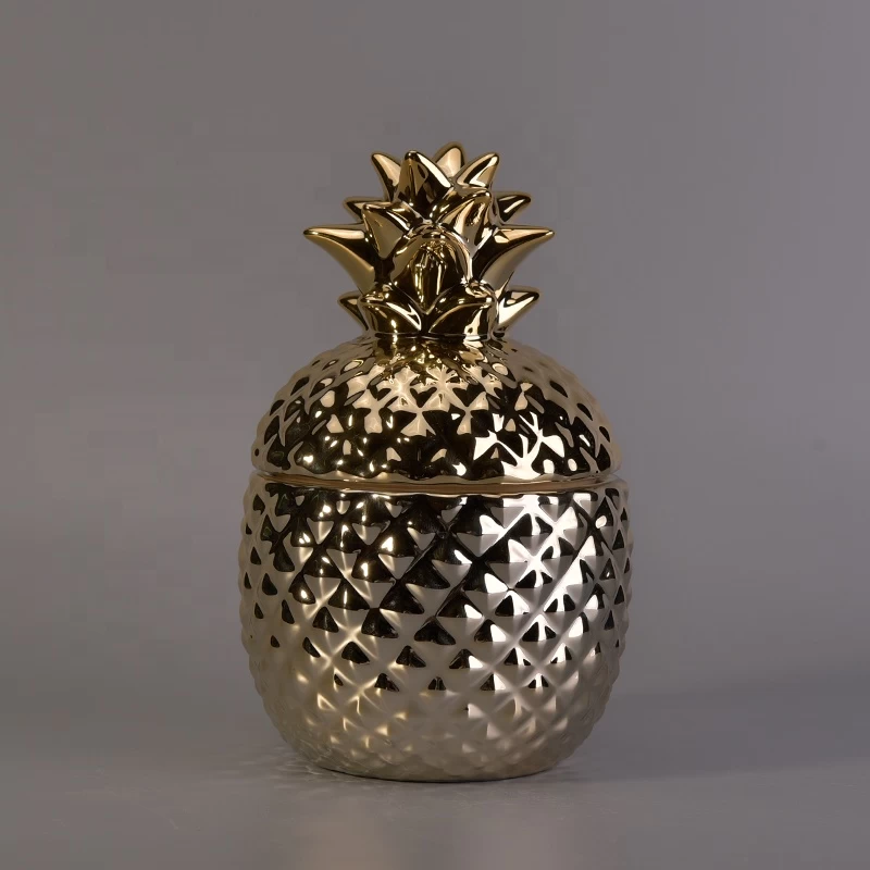 Pineapple gold ceramic candle vessel with lid wholesales