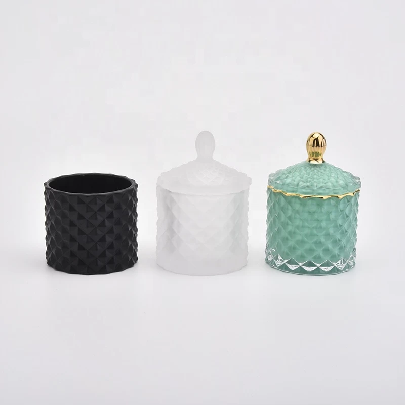 Frosted black candle holder Geo cut glass candle jar factory