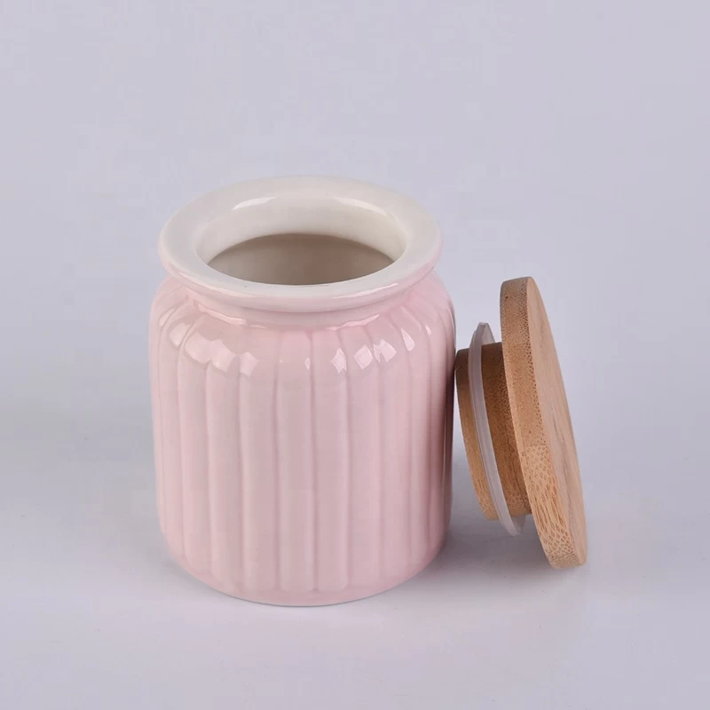 Pink empty ceramic candle jar with wooden lid